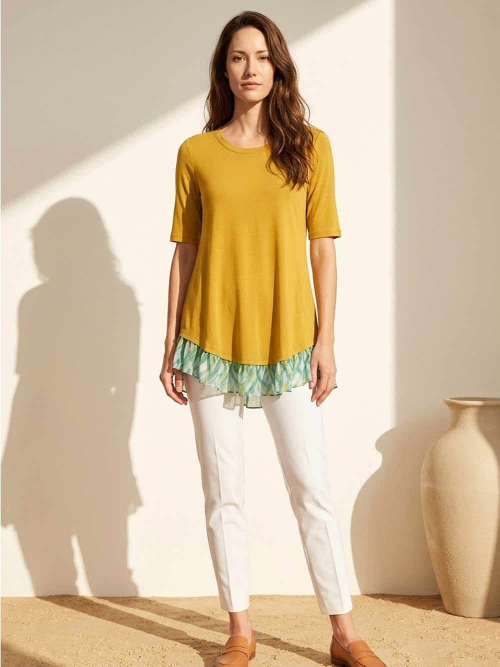 LOGO by Lori Goldstein Mustard Yellow Short Sleeve Top with Green Layered Hem